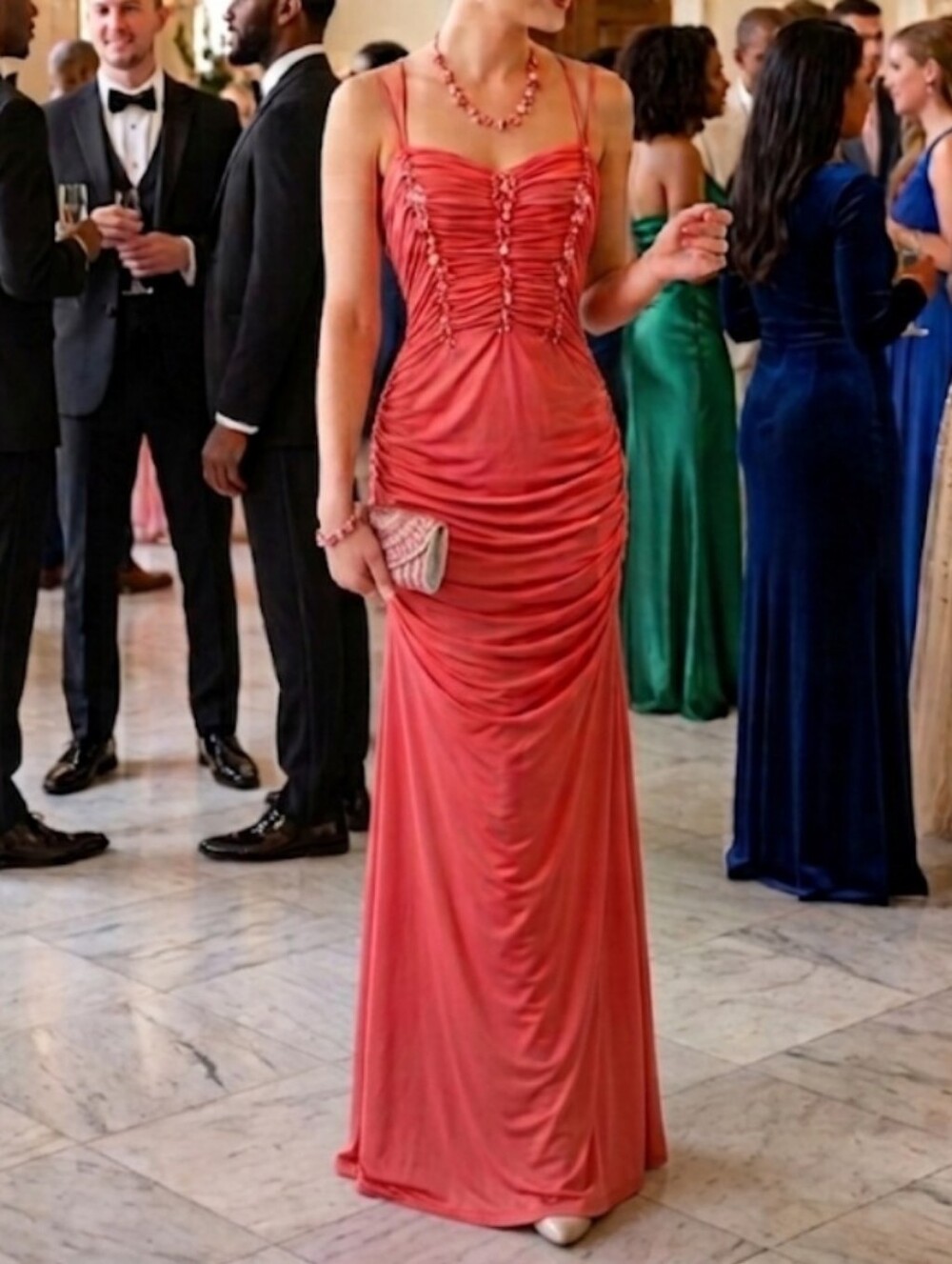Mignon Coral Ruched Evening Gown